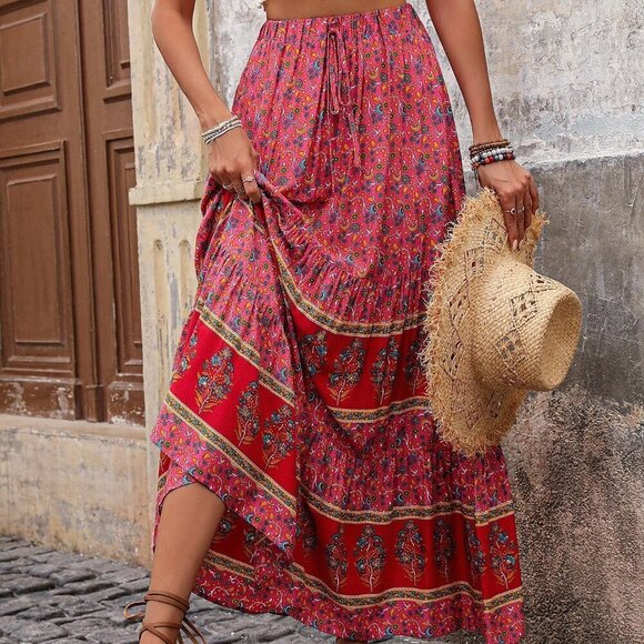 Pink Boho Women's Color Block Butterfly Printed Maxi A-Line Skirt For Vacation - Picture 4 of 6